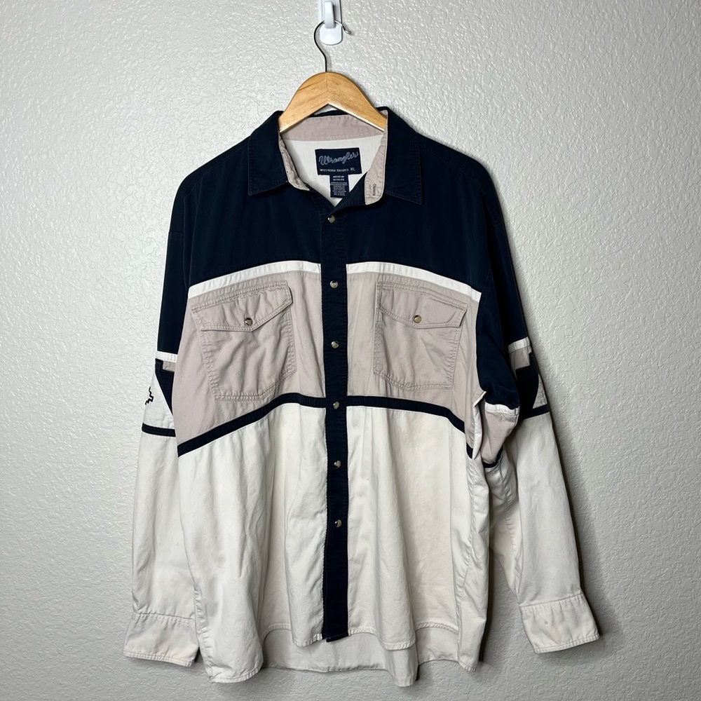 Wrangler Western Shirt XL Colorblock Pearl Snap Button Down Southwestern Navy